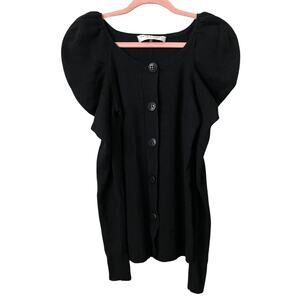 Trina Turk Cardigan Sweater Womens Medium Black Merino Wool Puff Sleeve Knit